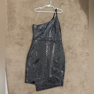 One shoulder asymmetrical blue blush sparkle dress. XS